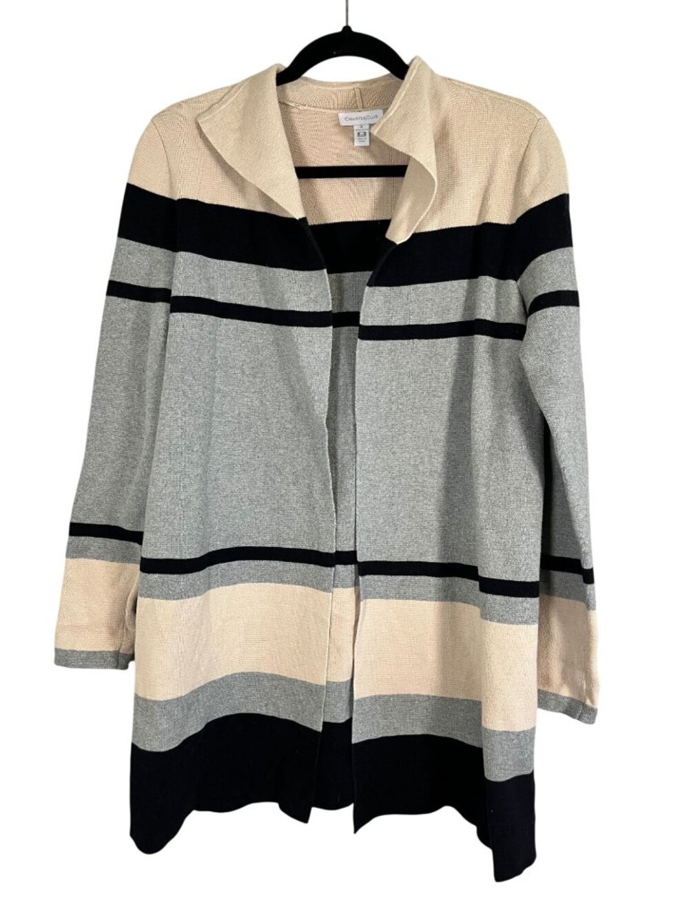 Neutral Striped Knit Sweater Cardigan M Resort Preppy Classic Chic‎ Minimalist